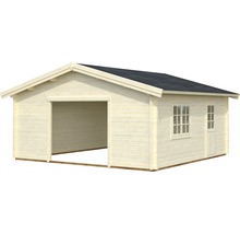 Trägarage med fönster och dörr