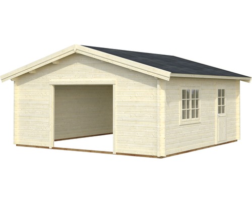 Trägarage med fönster och dörr