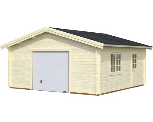 Trägarage med sektionsport, fönster och dörr