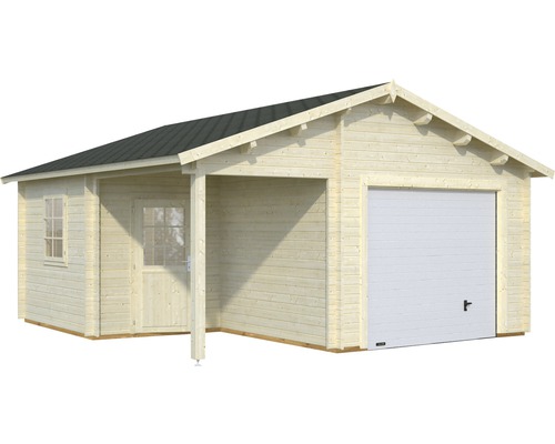 Garage i trä med tillbyggnad och garageport