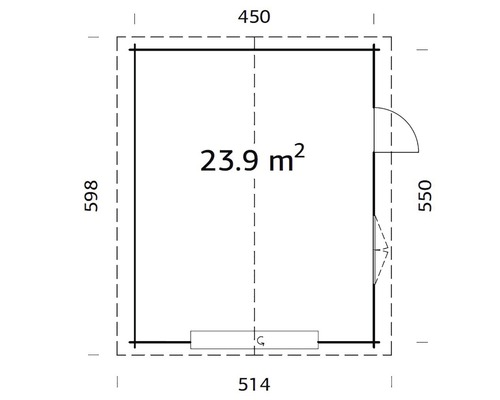 Planritning av ett trädgårdshus med dörr, fönster och angivande av ytan