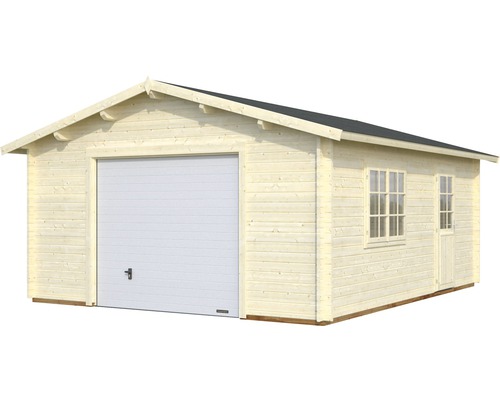 Garage i trä med sektionsport, fönster och dörr