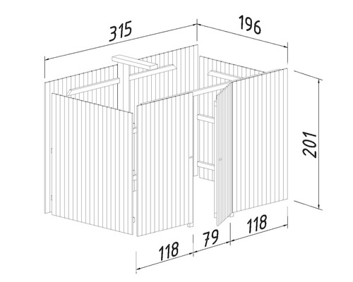 Teknisk ritning av ett trädgårdshus med mått