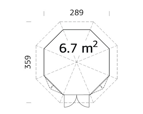 Planritning för trädgårdshus med måtten 289 gånger 359 och en yta på 6,7 kvadratmeter