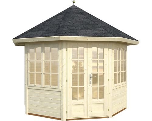 Trädgårdspaviljong i trä med fönster och takspån