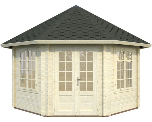 Trädgårdshus i trä med tak och fönster