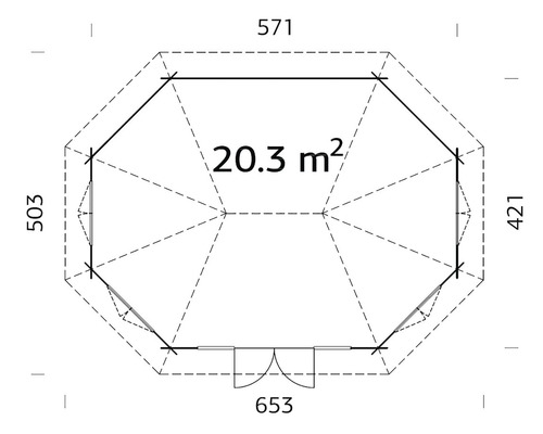 Planritning av ett trädgårdshus med mått.