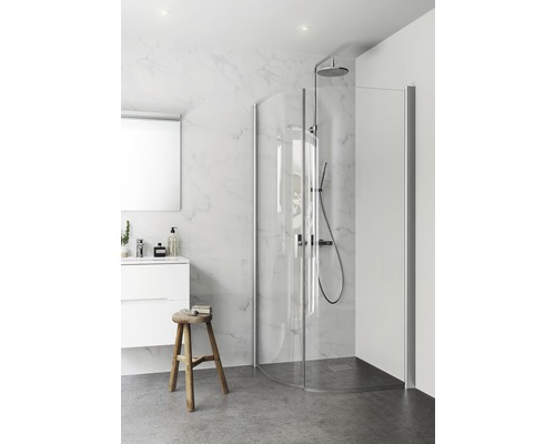 Duschhörn HAFA IglooProo Round 7x9 aluminiumfärgad profil klarglas 70x90cm Ljust badrum med duschkabin, tvättställsskåp och pall
