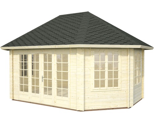 Trädgårdshus i trä med fönster och tak