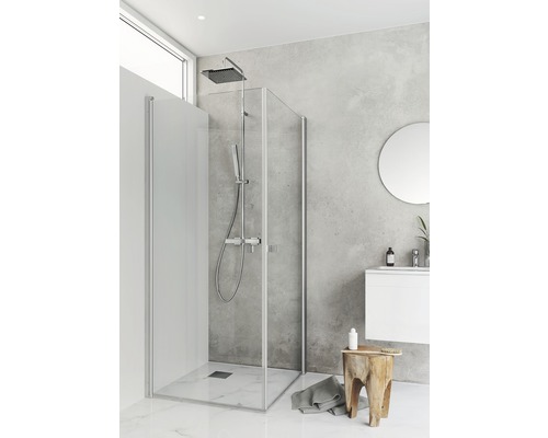 Duschhörn HAFA IglooProo Corner 7x7 aluminiumfärgad profil klarglas 70x70cm Badrum med duschkabin, tvättställ och spegel för en ljus och organiserad atmosfär