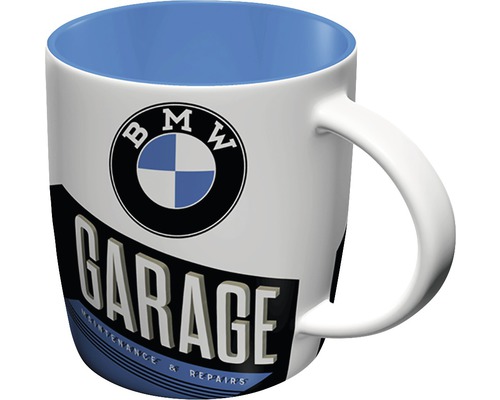 Keramisk mugg med BMW-logga och garage motiv