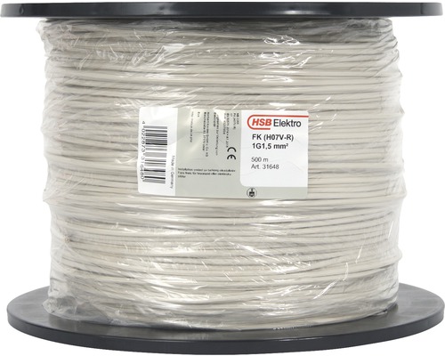 Installationskabel FK (H07 V-R), 1,5 mm², vit, metervara HSB Elektro installationskabel FK (H07V-R) 1G1,5 mm² på en 500 meters spole