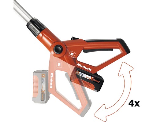 Einhell logotyp. Presentation av den fyrfaldiga justeringen av batteritrimmern.