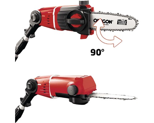 Två vyer av en stångsåg med ett 90 graders vridbart såghuvud.