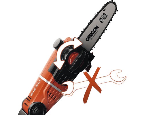 Illustration av verktygslös kedjespänning på en stångsåg