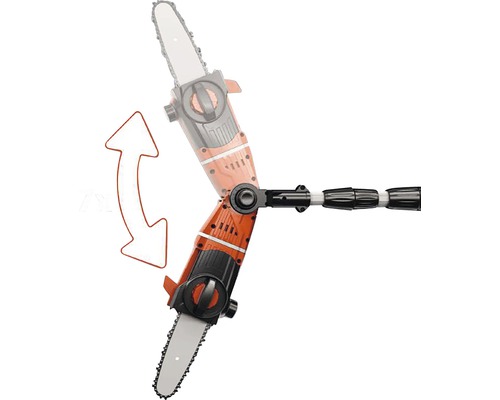 Justerbar batteridriven stångsåg för trädvård med pil som framhäver verktygets flexibilitet