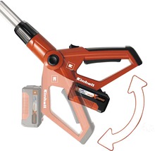 Einhell logotyp. Illustration av det roterbara batteriet på ett trädgårdsredskap.