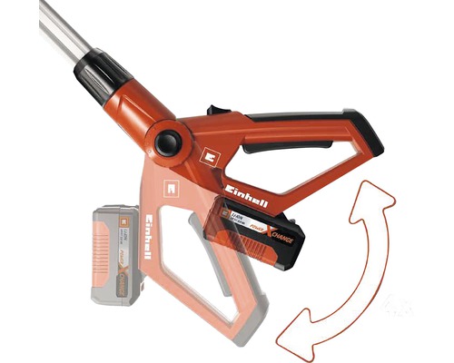 Einhell logotyp. Illustration av det roterbara batteriet på ett trädgårdsredskap.