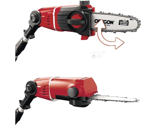 Två vyer av en batteridriven grensax med ett 90-graders vridbart skärhuvud.