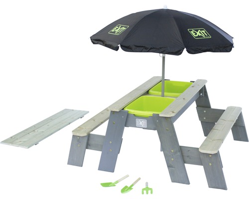Sand-, vatten- och picknickbord EXIT Aksent Deluxe inkl. 2 bänkar 94x121x50cm grå Sandbord med parasoll och picknickbordsfunktion för barn