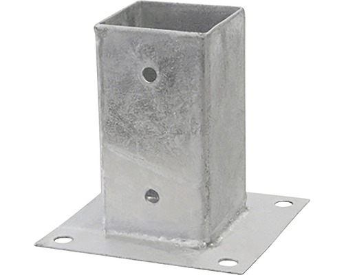 Stolpfäste JOMA med platta 97x97x150mm Stolpfäste av galvaniserat stål med kvadratisk form och bottenplatta