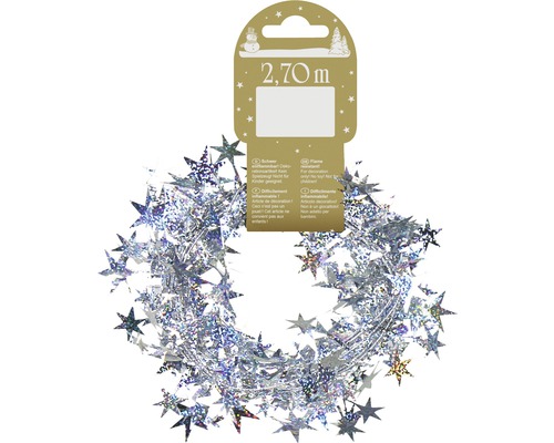 Silverfärgade glittergirlanger med stjärnor, 2,70 meter långa, för dekoration
