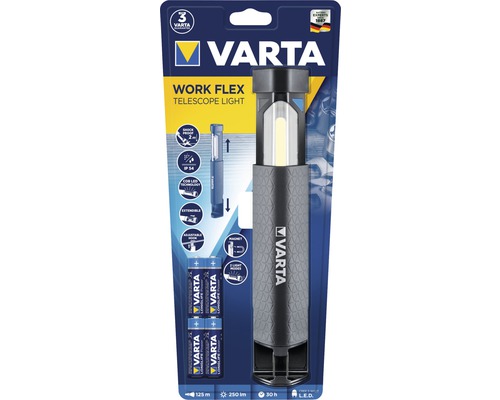 Varta Work Flex Teleskop Lampa i förpackning med batterier