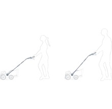 Illustration av en kvinna och en man som använder en gräsklippare, illustrerar ergonomi