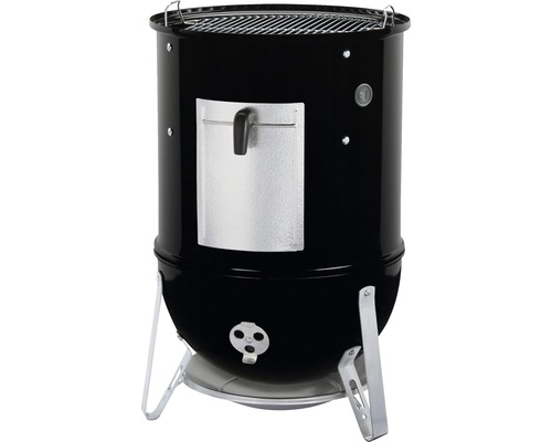Svart kolgrill med lucka och termometer
