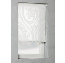 Vit rullgardin med blommönster på fönster