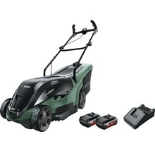 Batteridriven gräsklippare med två batterier och laddare