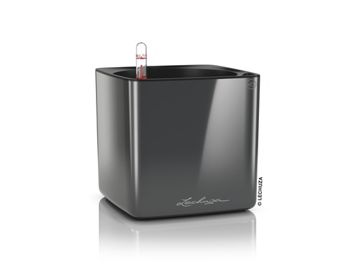 Självvattnande blomkruka LECHUZ Cube Glossy plast 16x16x16cm antracit Fyrkantig blomlåda med vattennivåindikator