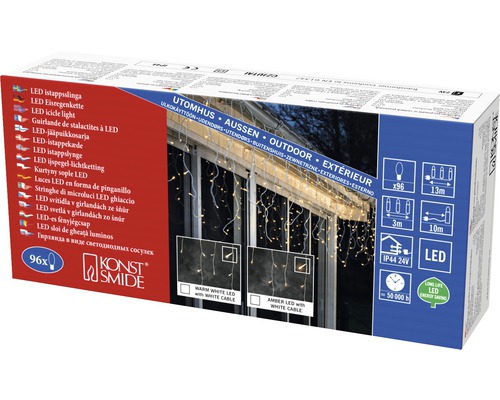 Förpackning med Konstsmide LED-istappslinga för utomhusbruk med 96 lampor