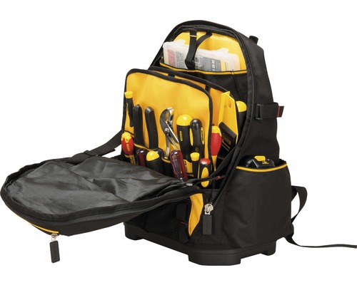 Verktygsryggsäck med flera fack och verktyg