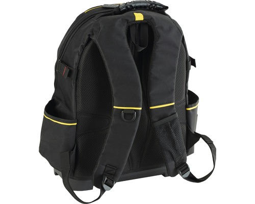 Svart verktygsryggsäck med vadderade remmar och flera fickor.