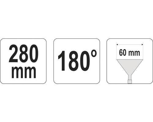 Teknisk ritning med mått: 280 millimeter längd, 180 graders vinkel och 60 millimeter diameter