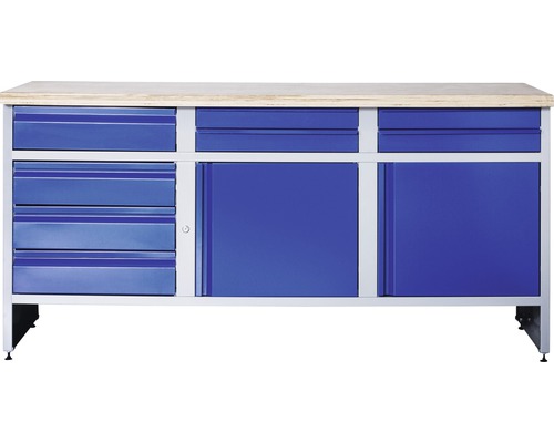 Verkstadsbänk INDUSTRIAL med 2 dörrar och 7 lådor 1770x700x880mm grå/blå