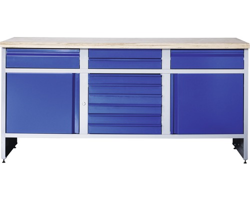 Verkstadsbänk INDUSTRIAL med 2 dörrar och 10 lådor 1770x700x880mm grå/blå