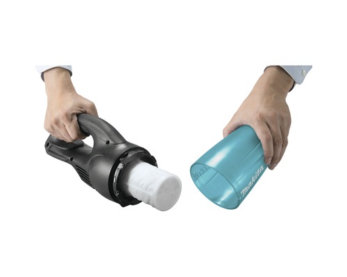 Makita dammsugare med filter och uppsamlingsbehållare i handen