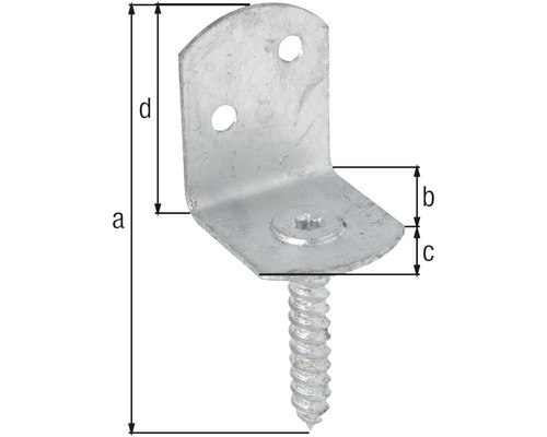 Vinkelbeslag med skruv och måttangivelser