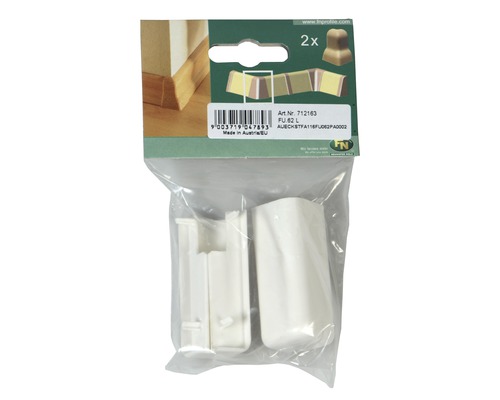 Hörnstycken i plast för golvlister i en transparent förpackning