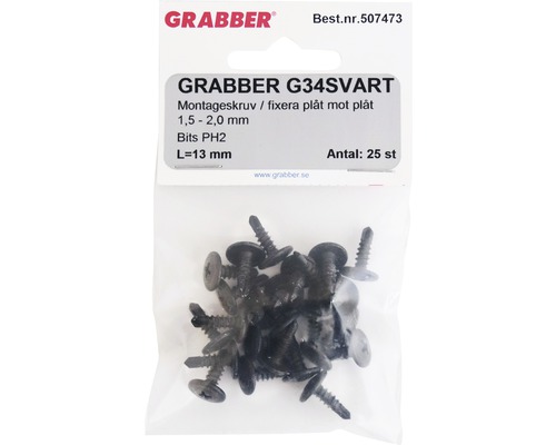 GRABBER G34SVART monteringsskruvar för fixering av plåt, 1,5 till 2,0 mm, bits PH2, längd 13 mm, 25 stycken