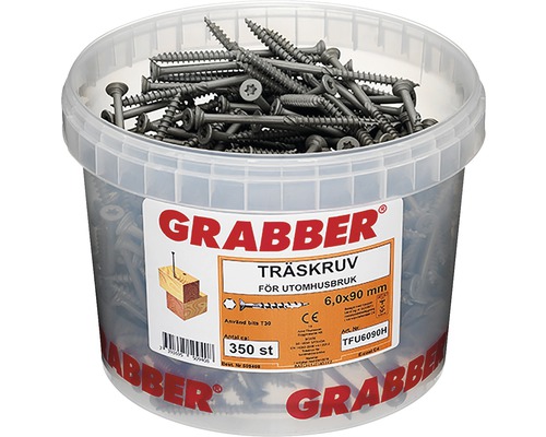Plastbehållare fylld med träskruvar i storleken 6,0 x 90 millimeter för utomhusbruk.