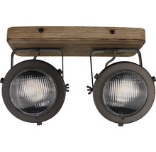 Taklampa med två spotlights och träfäste