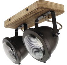Taklampa med två spotlights i trä och metall