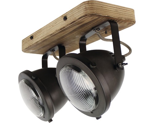 Taklampa med två spotlights i trä och metall