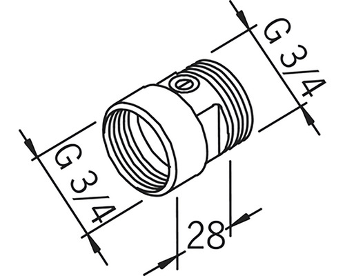 Teknisk ritning av en koppling med G 3/4 tums gänga och en längd på 28 millimeter