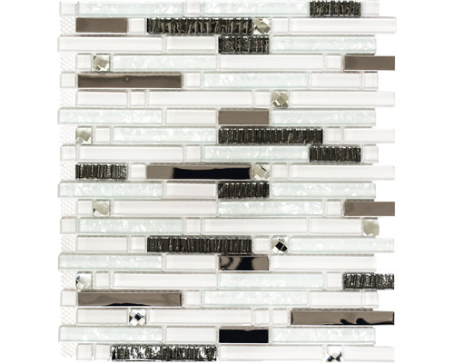 Mosaik glas med metall XCM GV 898 29,8x33,8cm vit silver Mosaikplatta med glas- och metallelement