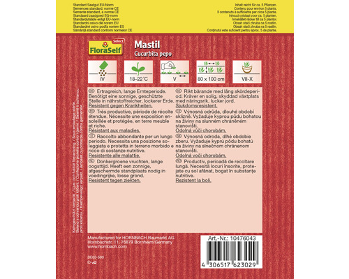 FloraSelf Select Mastil pumpfröförpackning med information om odling och egenskaper