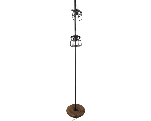 Golvlampa med två lampskärmar i burlook och rund träfot